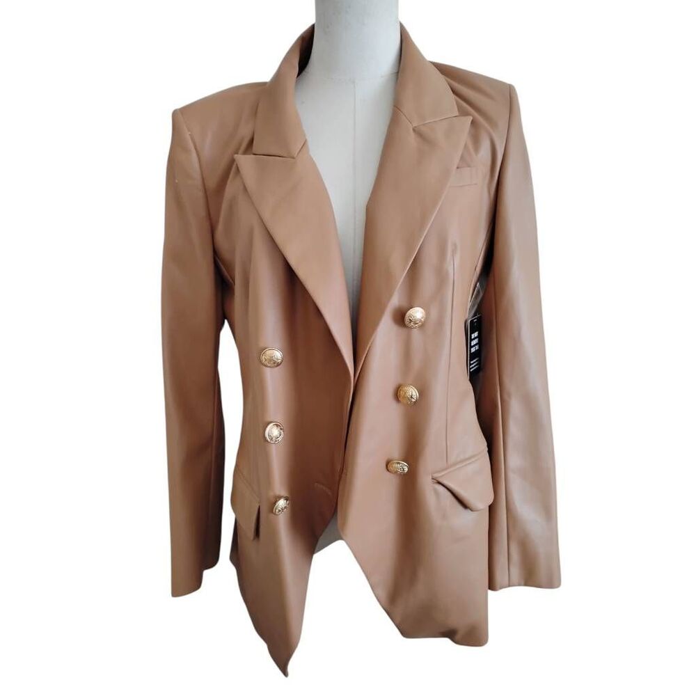 Express Faux Leather Double-Breasted Blazer in Cognac